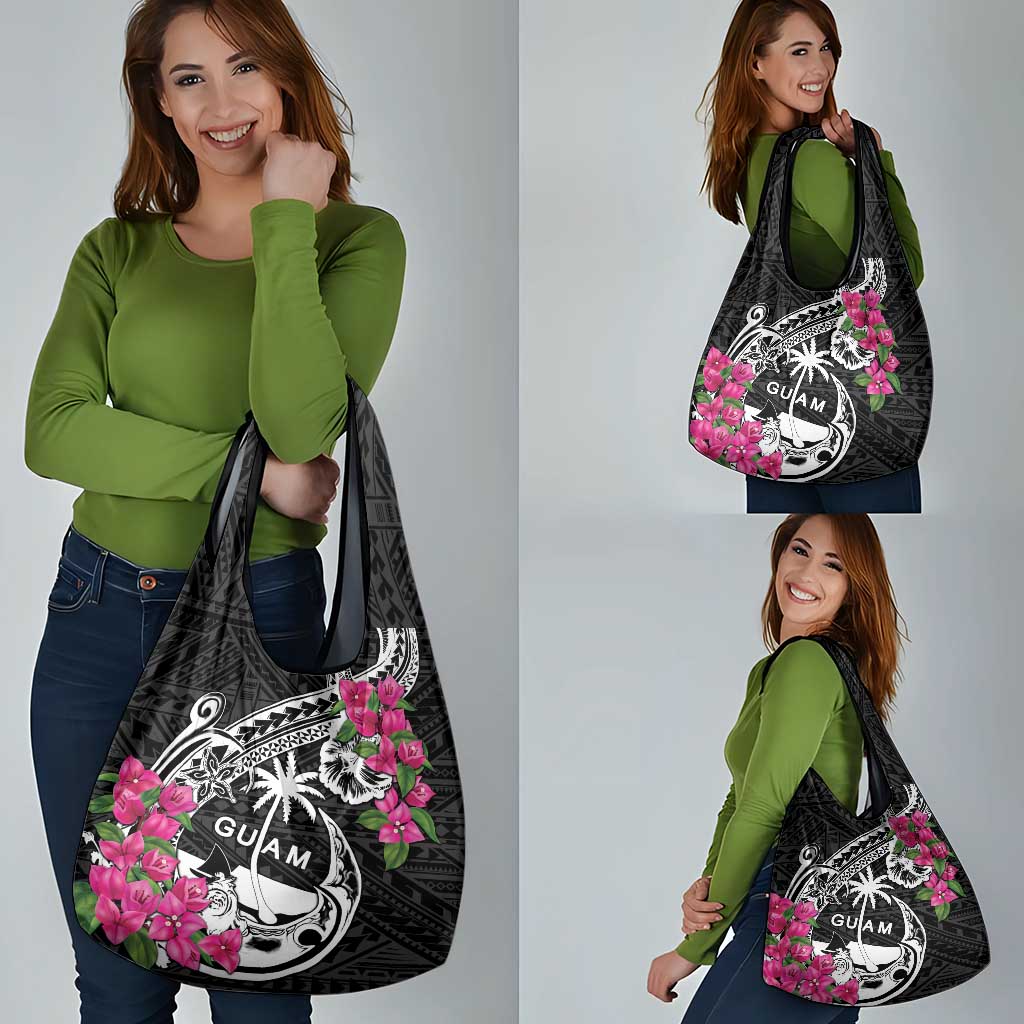 Guam Chamorro Grocery Bag Bougainvillea Black Polynesian Tribal Pattern