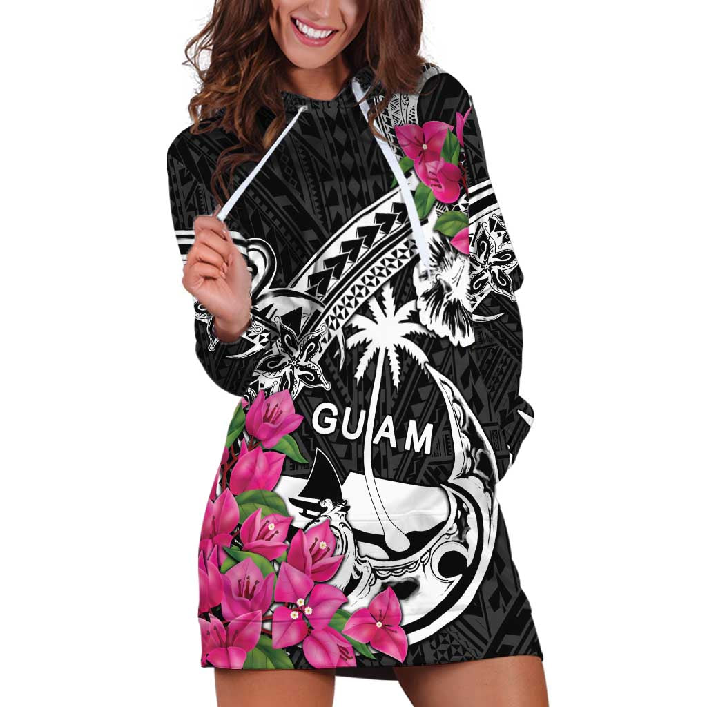 Guam Chamorro Hoodie Dress Bougainvillea Black Polynesian Tribal Pattern
