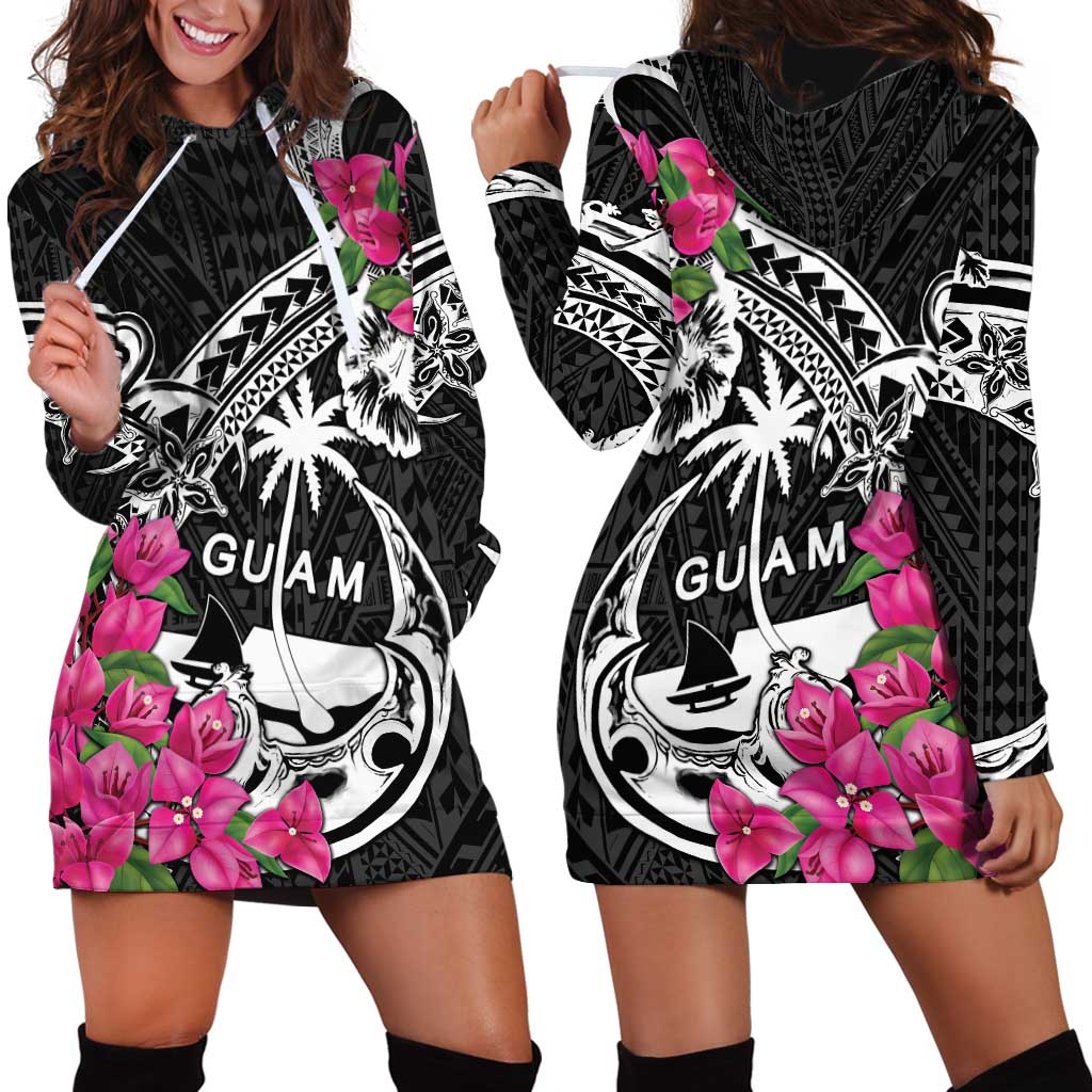 Guam Chamorro Hoodie Dress Bougainvillea Black Polynesian Tribal Pattern