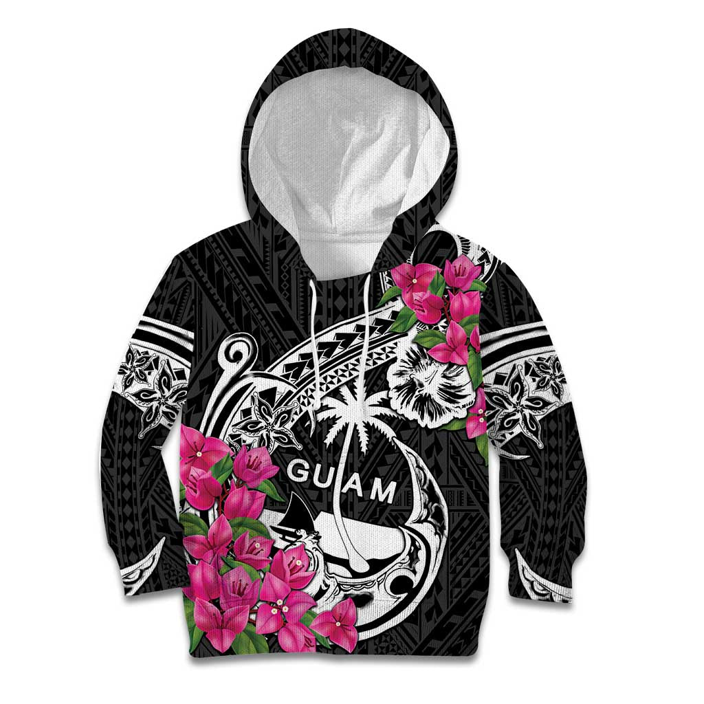 Guam Chamorro Kid Hoodie Bougainvillea Black Polynesian Tribal Pattern