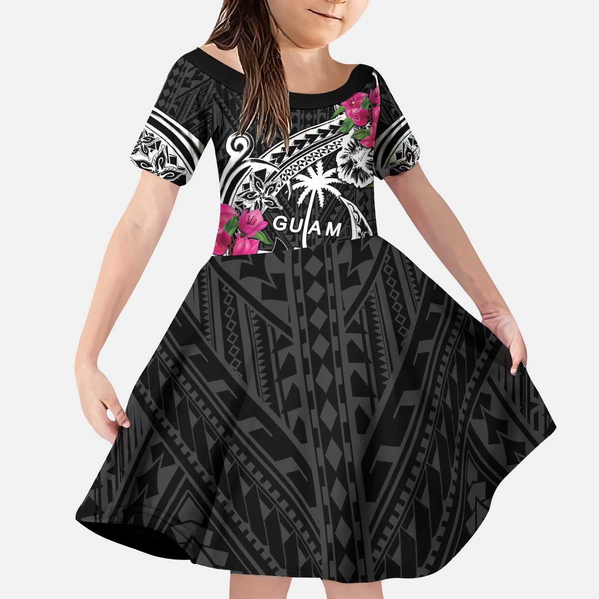 Guam Chamorro Kid Short Sleeve Dress Bougainvillea Black Polynesian Tribal Pattern