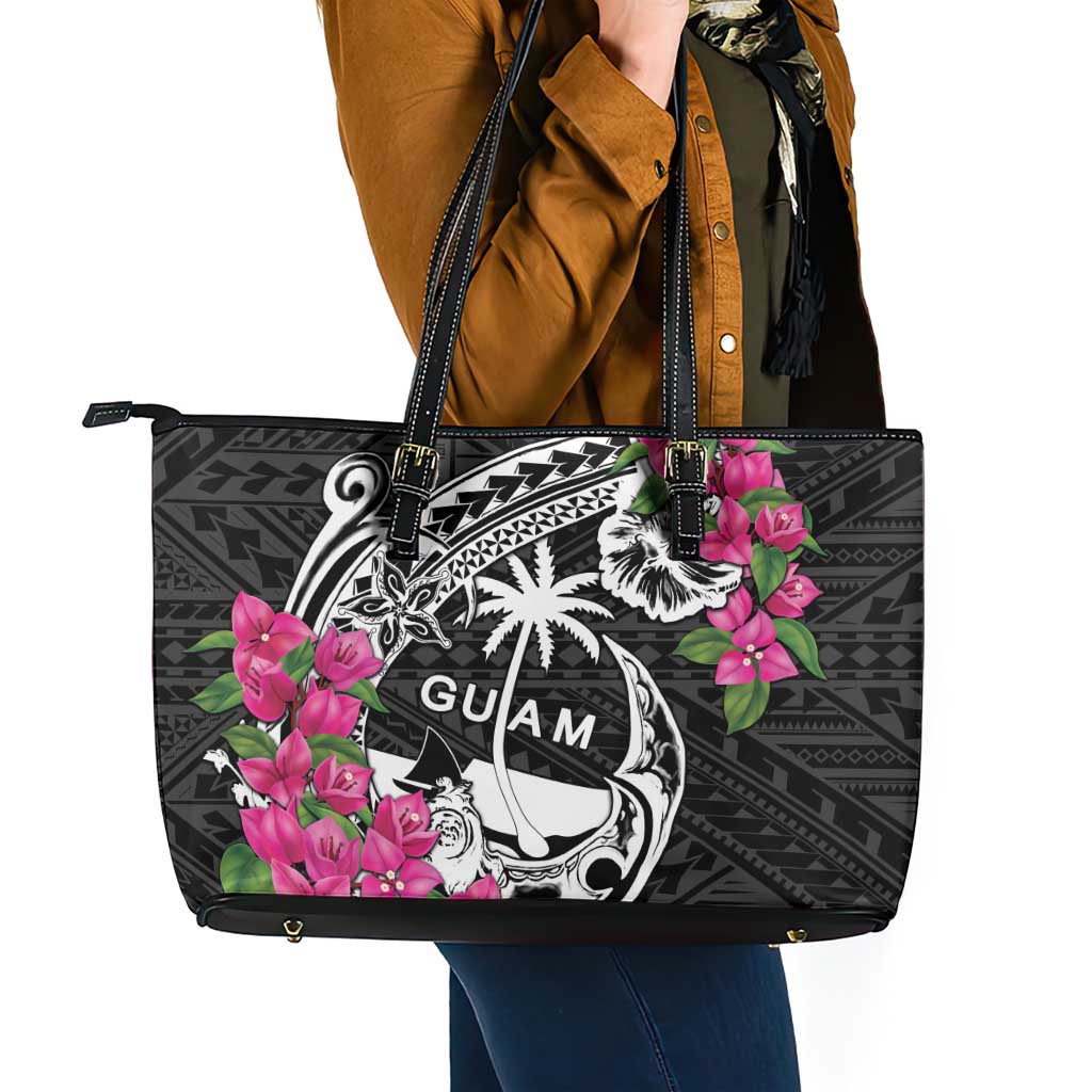 Guam Chamorro Leather Tote Bag Bougainvillea Black Polynesian Tribal Pattern