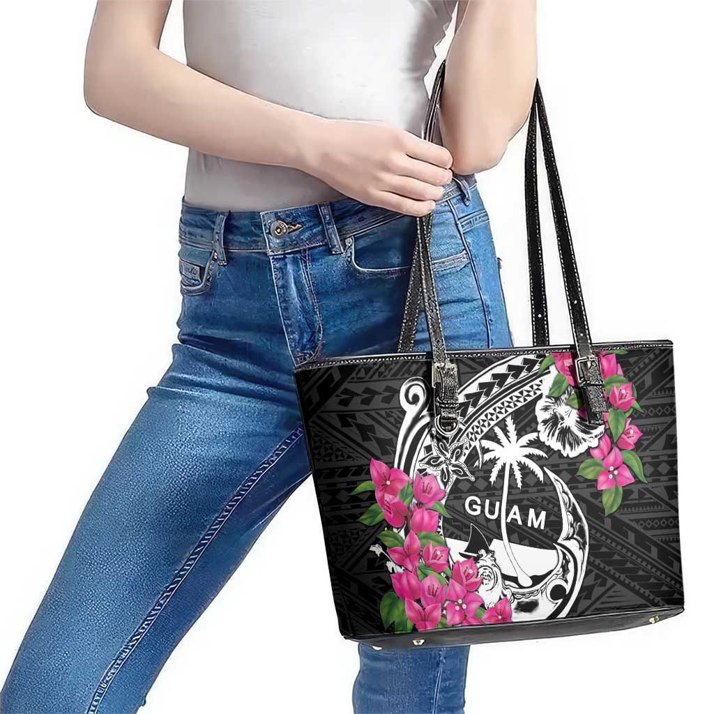 Guam Chamorro Leather Tote Bag Bougainvillea Black Polynesian Tribal Pattern