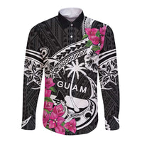 Guam Chamorro Long Sleeve Button Shirt Bougainvillea Black Polynesian Tribal Pattern