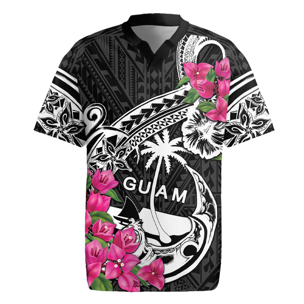 Guam Chamorro Rugby Jersey Bougainvillea Black Polynesian Tribal Pattern
