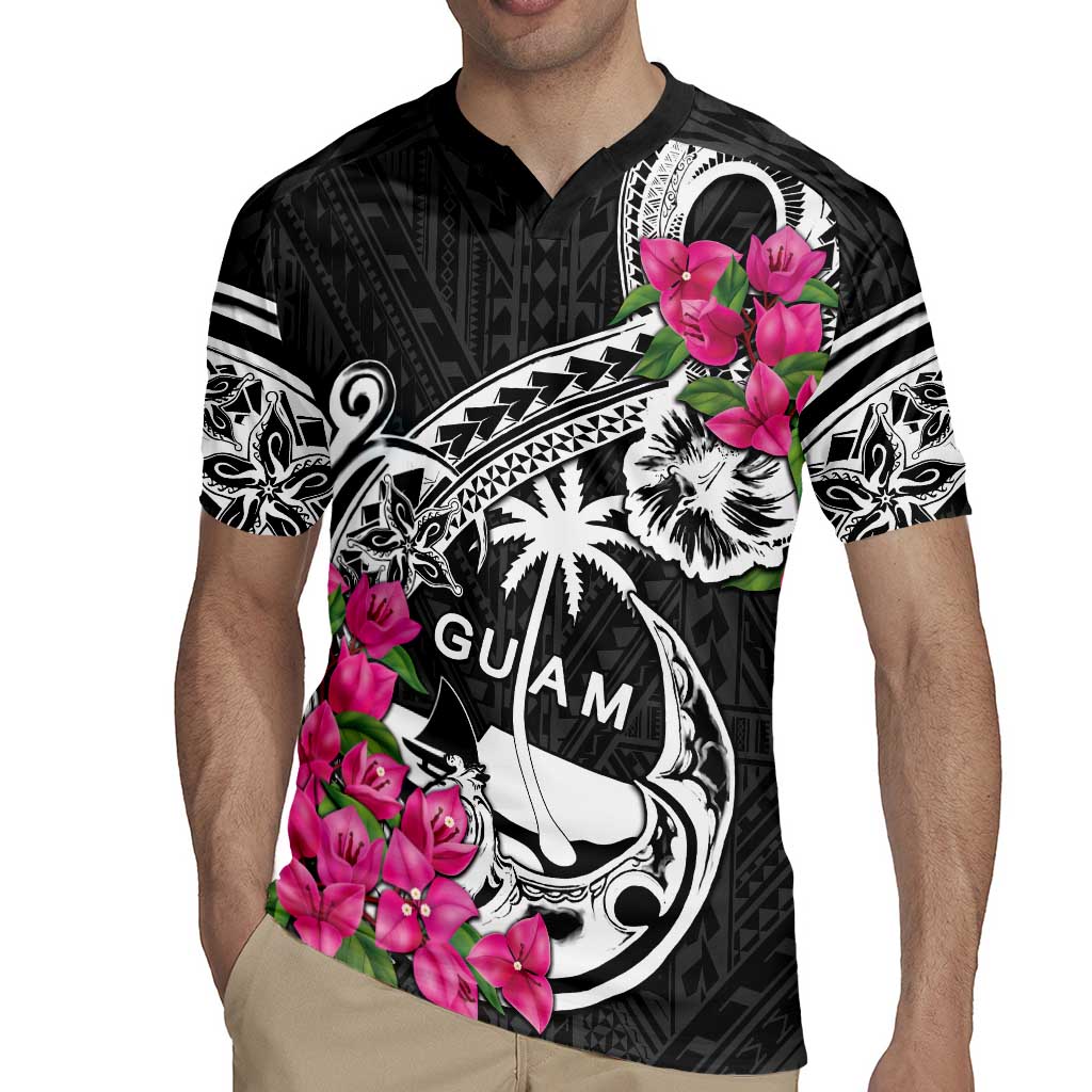 Guam Chamorro Rugby Jersey Bougainvillea Black Polynesian Tribal Pattern