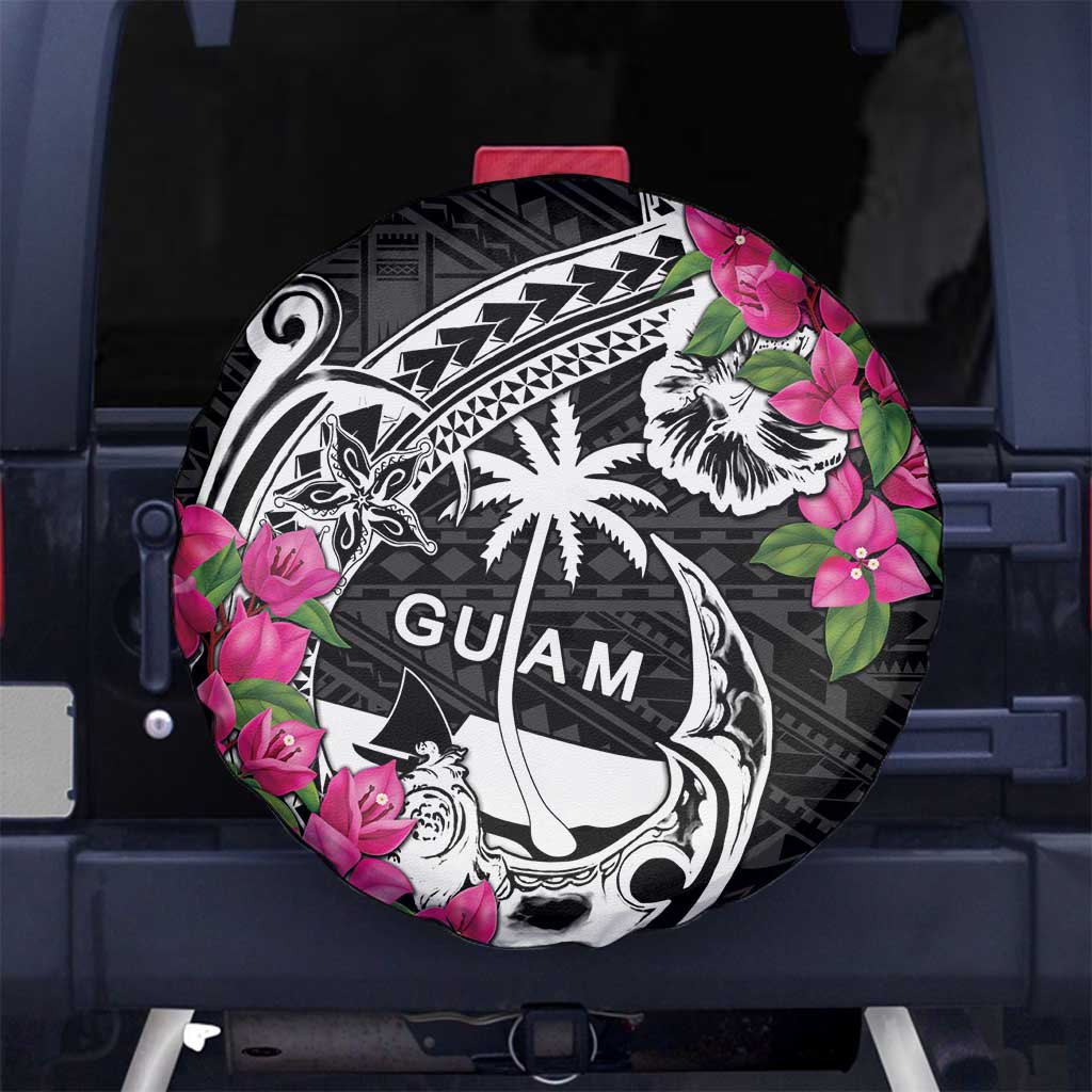 Guam Chamorro Spare Tire Cover Bougainvillea Black Polynesian Tribal Pattern