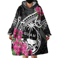 Guam Chamorro Wearable Blanket Hoodie Bougainvillea Black Polynesian Tribal Pattern