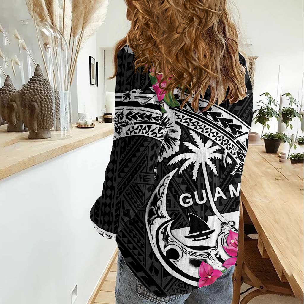 Guam Chamorro Women Casual Shirt Bougainvillea Black Polynesian Tribal Pattern