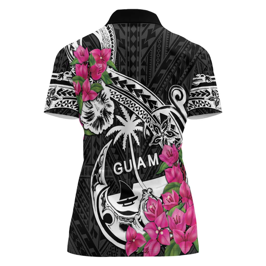 Guam Chamorro Women Polo Shirt Bougainvillea Black Polynesian Tribal Pattern LT05 - Polynesian Pride