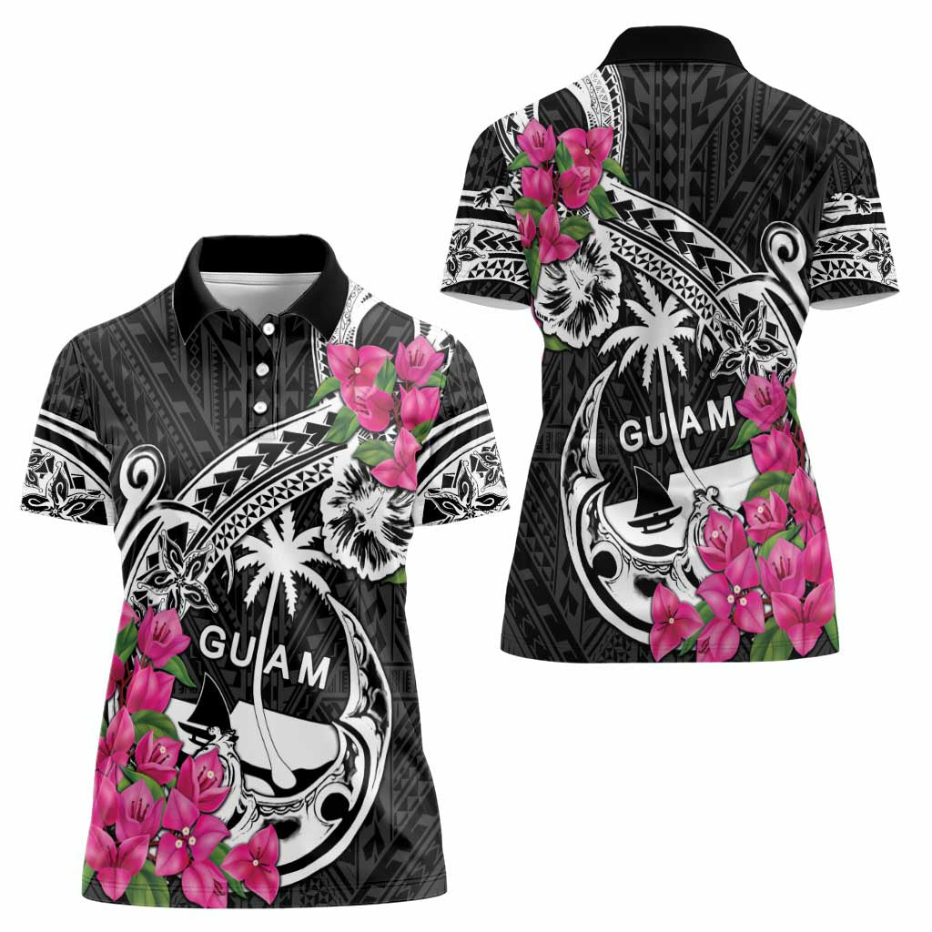 Guam Chamorro Women Polo Shirt Bougainvillea Black Polynesian Tribal Pattern LT05 - Polynesian Pride