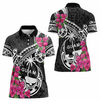 Guam Chamorro Women Polo Shirt Bougainvillea Black Polynesian Tribal Pattern LT05 - Polynesian Pride