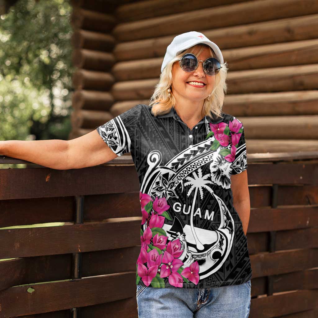Guam Chamorro Women Polo Shirt Bougainvillea Black Polynesian Tribal Pattern LT05 - Polynesian Pride