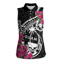 Guam Chamorro Women Sleeveless Polo Shirt Bougainvillea Black Polynesian Tribal Pattern