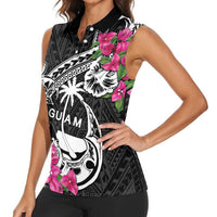 Guam Chamorro Women Sleeveless Polo Shirt Bougainvillea Black Polynesian Tribal Pattern