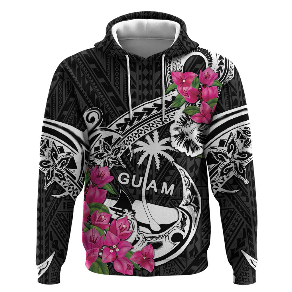 Guam Chamorro Zip Hoodie Bougainvillea Black Polynesian Tribal Pattern