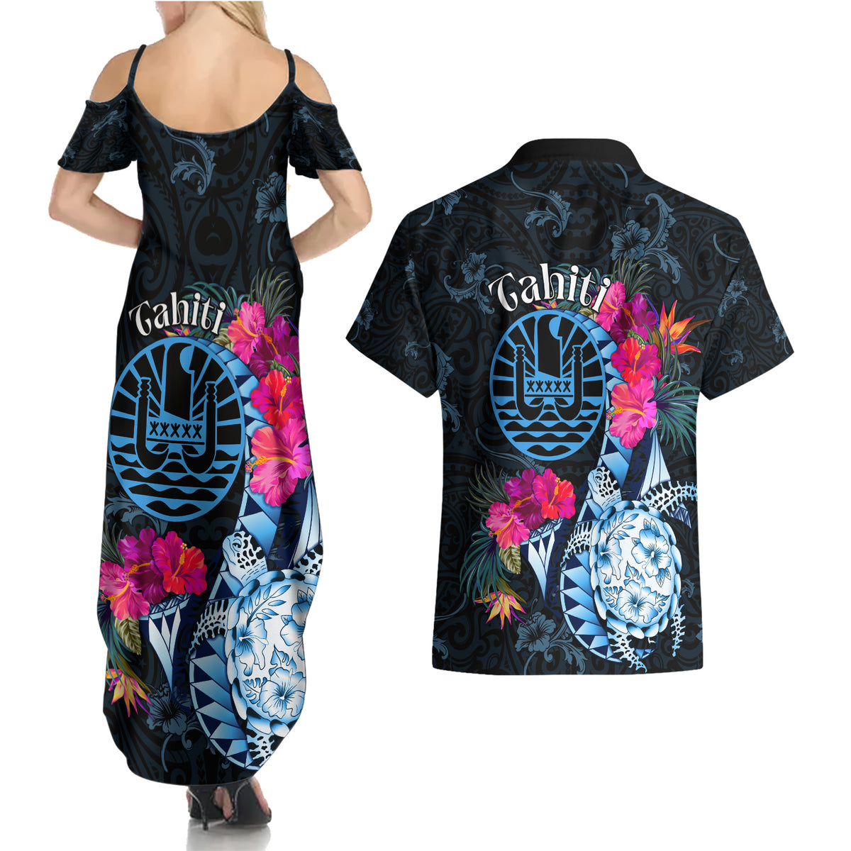 Tahiti Ia Orana Couples Matching Summer Maxi Dress and Hawaiian Shirt Polynesian Turtle With Coat Of Arms LT05 - Polynesian Pride