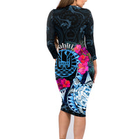 Tahiti Ia Orana Family Matching Long Sleeve Bodycon Dress and Hawaiian Shirt Polynesian Turtle With Coat Of Arms LT05 - Polynesian Pride
