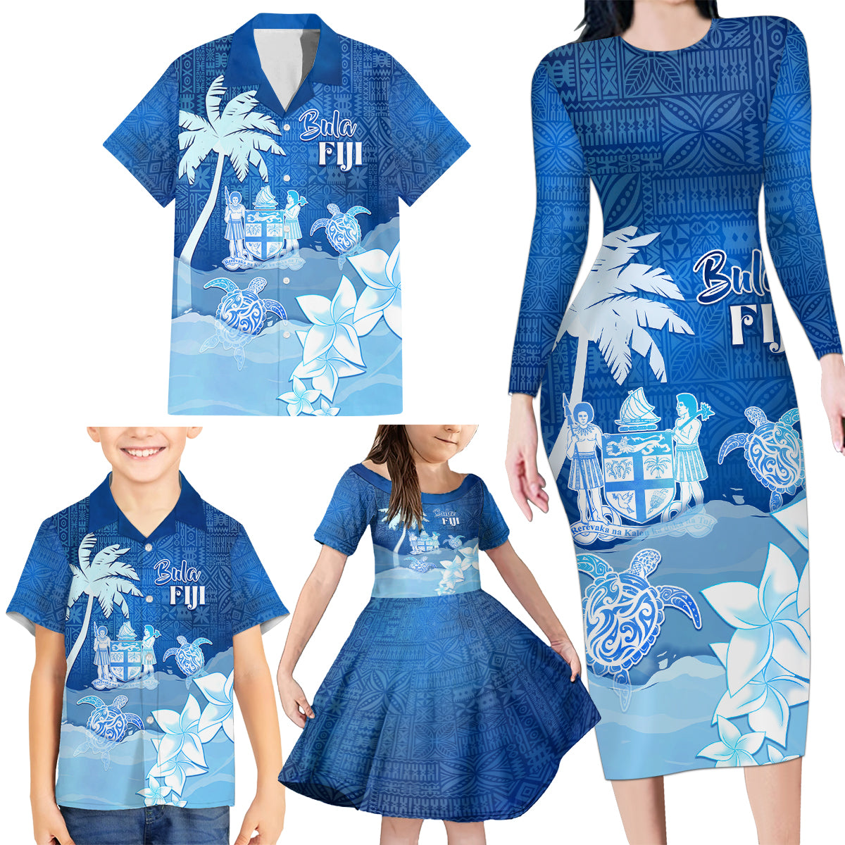 Personalised Bula Fiji Family Matching Long Sleeve Bodycon Dress and Hawaiian Shirt Fijian Masi Pattern With Blue Coat Of Arms LT05 - Polynesian Pride