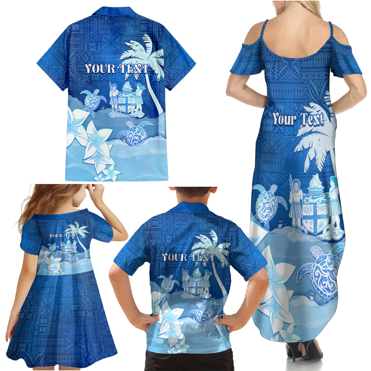 Personalised Bula Fiji Family Matching Summer Maxi Dress and Hawaiian Shirt Fijian Masi Pattern With Blue Coat Of Arms LT05 - Polynesian Pride