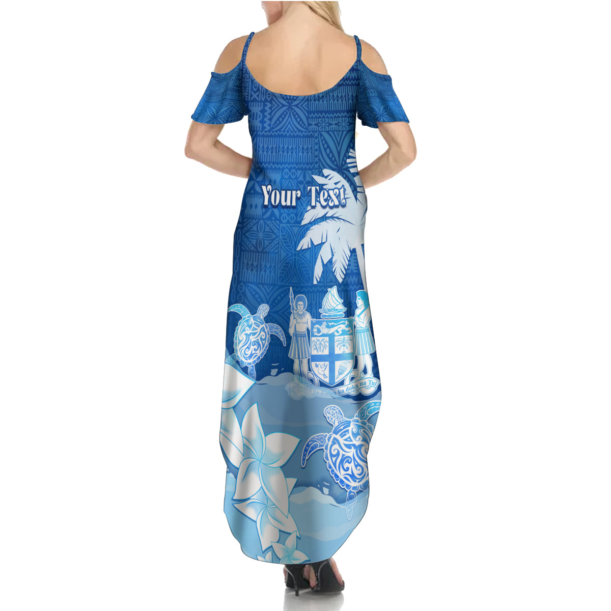 Personalised Bula Fiji Family Matching Summer Maxi Dress and Hawaiian Shirt Fijian Masi Pattern With Blue Coat Of Arms LT05 - Polynesian Pride