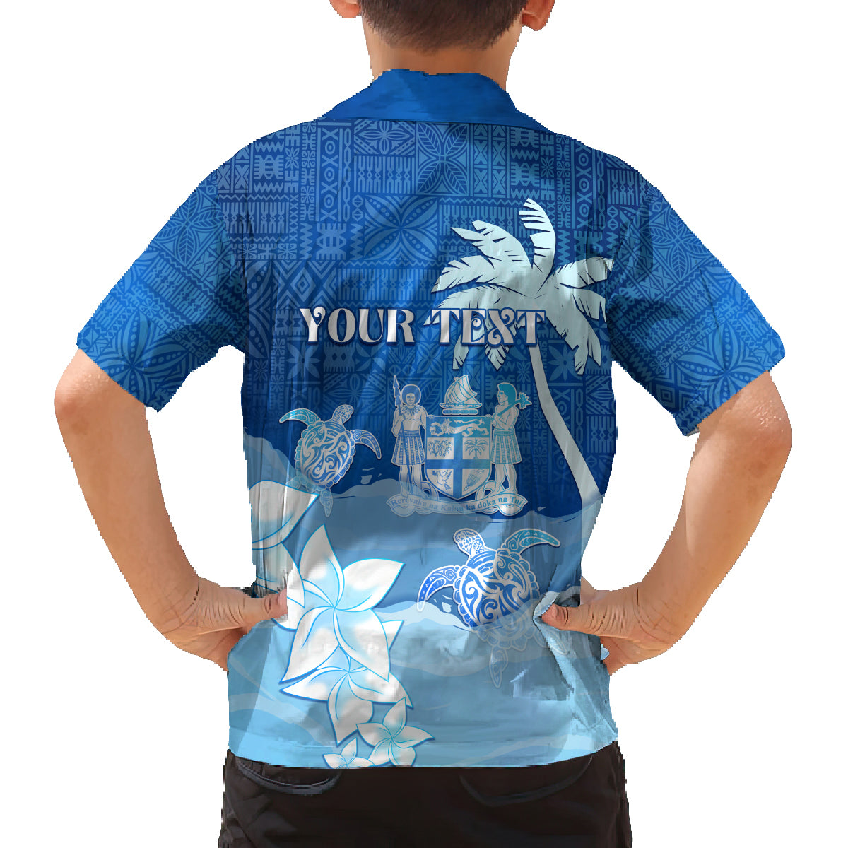 Personalised Bula Fiji Family Matching Tank Maxi Dress and Hawaiian Shirt Fijian Masi Pattern With Blue Coat Of Arms LT05 - Polynesian Pride