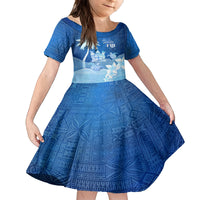 Personalised Bula Fiji Family Matching Tank Maxi Dress and Hawaiian Shirt Fijian Masi Pattern With Blue Coat Of Arms LT05 Daughter's Dress Blue - Polynesian Pride