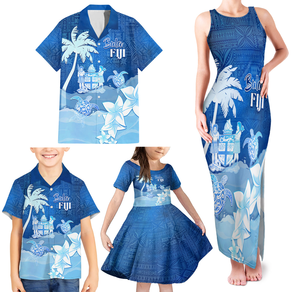Personalised Bula Fiji Family Matching Tank Maxi Dress and Hawaiian Shirt Fijian Masi Pattern With Blue Coat Of Arms LT05 - Polynesian Pride