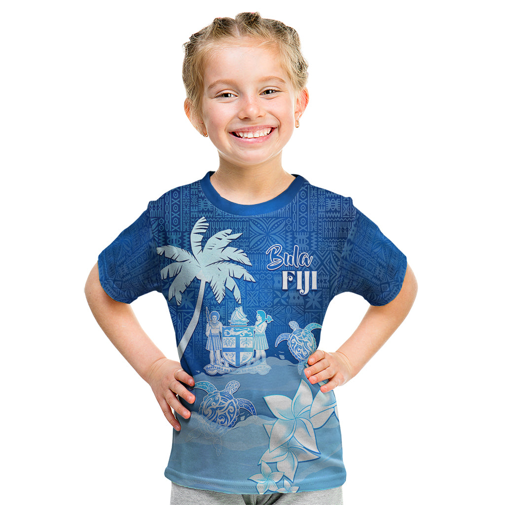 Personalised Bula Fiji Kid T Shirt Fijian Masi Pattern With Blue Coat Of Arms LT05 Blue - Polynesian Pride