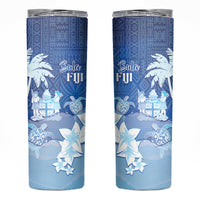 Bula Fiji Skinny Tumbler Fijian Masi Pattern With Blue Coat Of Arms