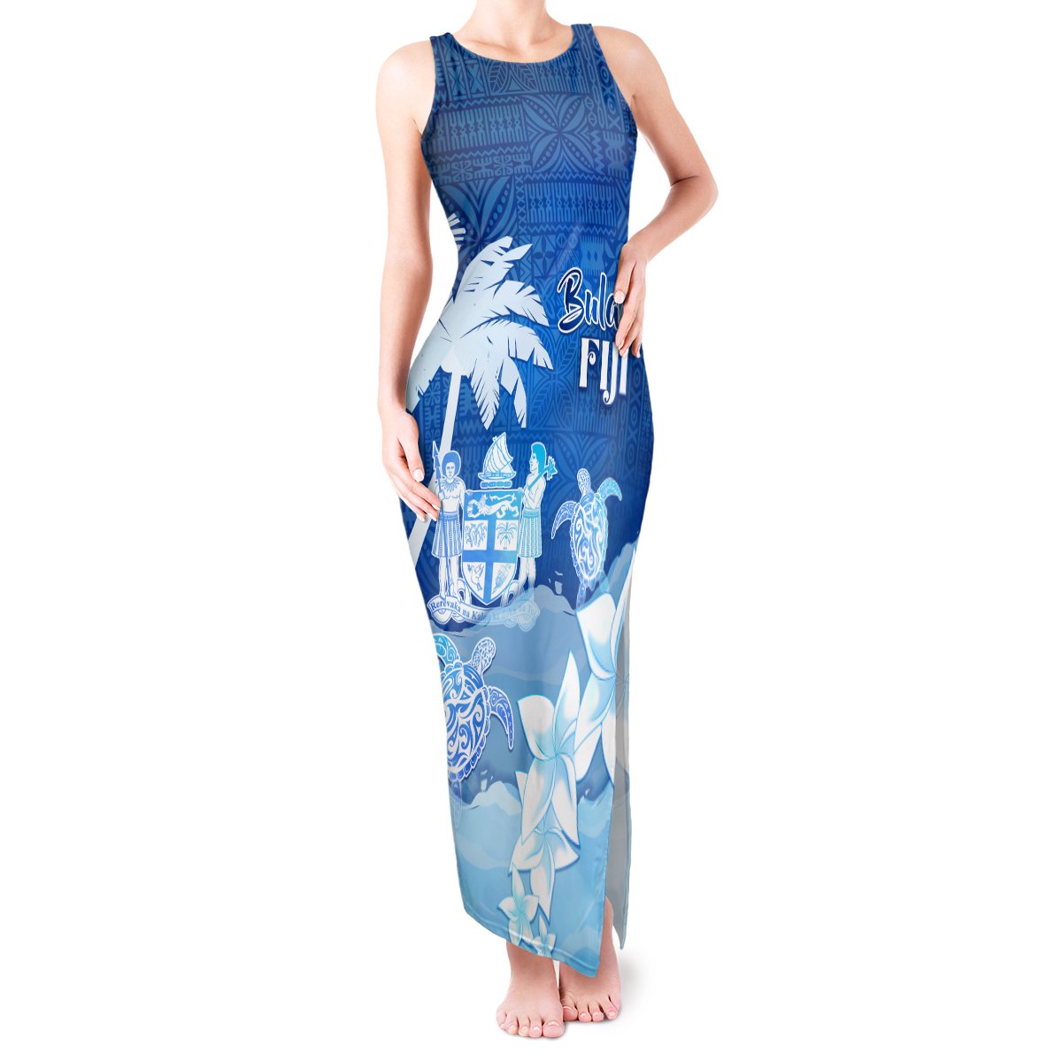 Personalised Bula Fiji Tank Maxi Dress Fijian Masi Pattern With Blue Coat Of Arms LT05 Women Blue - Polynesian Pride