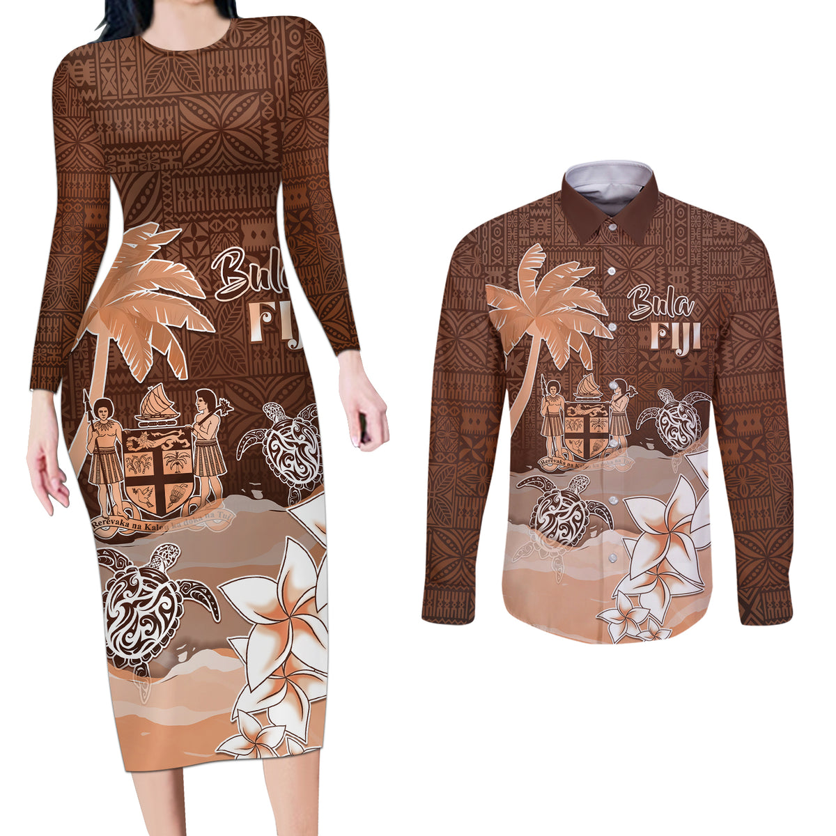 Personalised Bula Fiji Couples Matching Long Sleeve Bodycon Dress and Long Sleeve Button Shirt Fijian Masi Pattern With Brown Coat Of Arms LT05 Brown - Polynesian Pride