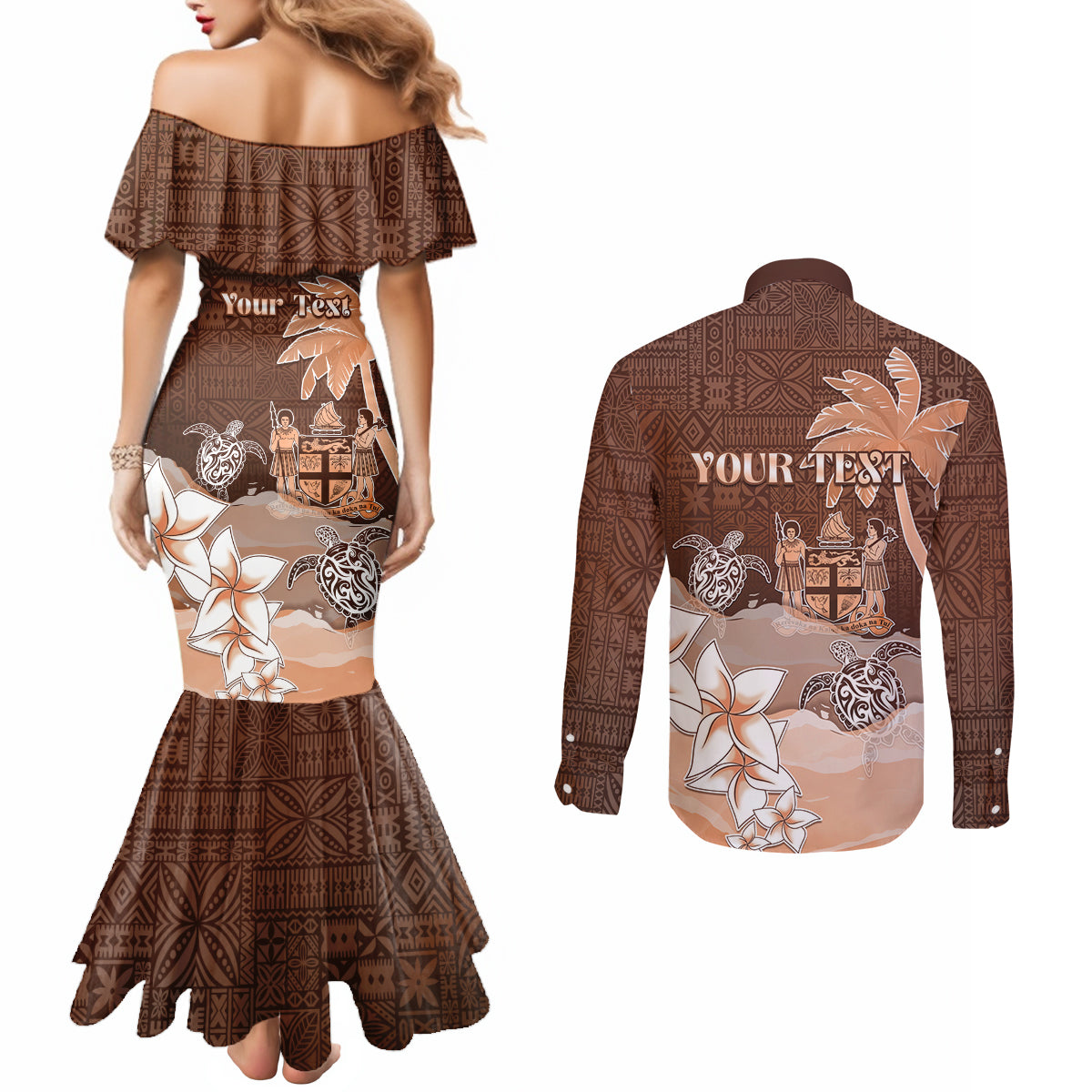 Personalised Bula Fiji Couples Matching Mermaid Dress and Long Sleeve Button Shirt Fijian Masi Pattern With Brown Coat Of Arms LT05 - Polynesian Pride
