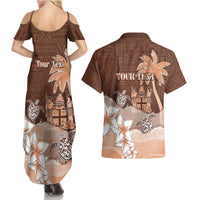 Personalised Bula Fiji Couples Matching Summer Maxi Dress and Hawaiian Shirt Fijian Masi Pattern With Brown Coat Of Arms LT05 - Polynesian Pride