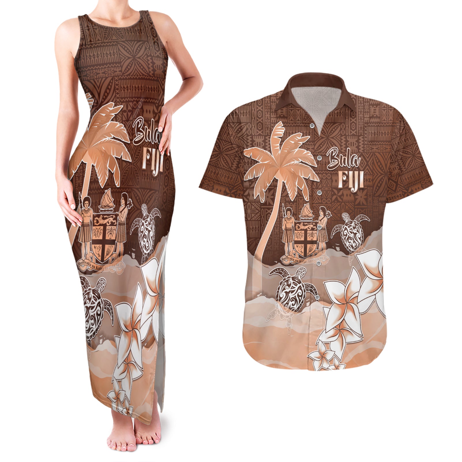 Personalised Bula Fiji Couples Matching Tank Maxi Dress and Hawaiian Shirt Fijian Masi Pattern With Brown Coat Of Arms LT05 Brown - Polynesian Pride