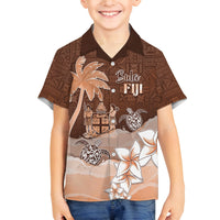 Personalised Bula Fiji Family Matching Long Sleeve Bodycon Dress and Hawaiian Shirt Fijian Masi Pattern With Brown Coat Of Arms LT05 Son's Shirt Brown - Polynesian Pride