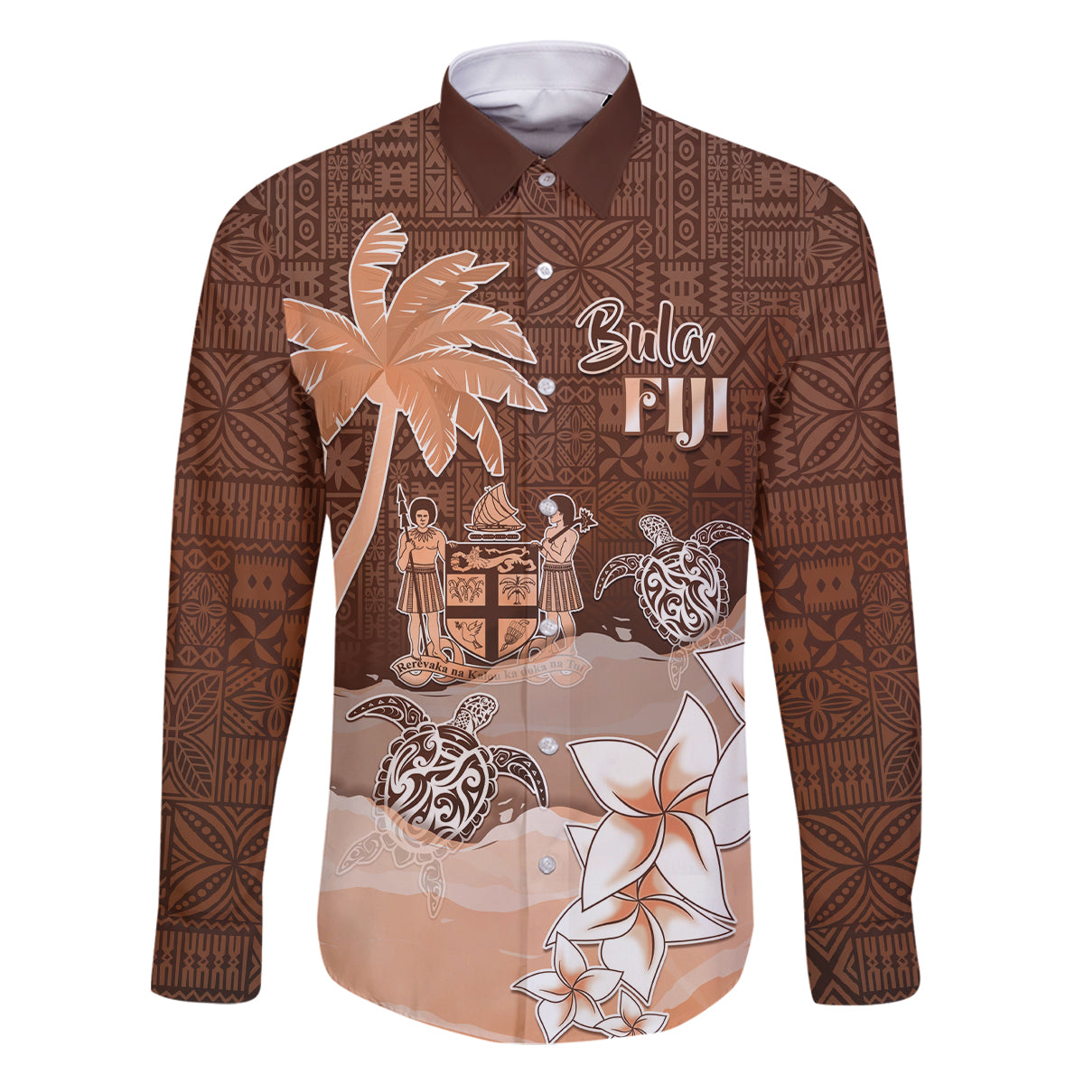 Personalised Bula Fiji Family Matching Off Shoulder Long Sleeve Dress and Hawaiian Shirt Fijian Masi Pattern With Brown Coat Of Arms LT05 Dad's Shirt - Long Sleeve Brown - Polynesian Pride