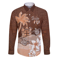 Personalised Bula Fiji Family Matching Off Shoulder Long Sleeve Dress and Hawaiian Shirt Fijian Masi Pattern With Brown Coat Of Arms LT05 Dad's Shirt - Long Sleeve Brown - Polynesian Pride