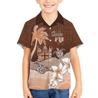 Personalised Bula Fiji Family Matching Off Shoulder Long Sleeve Dress and Hawaiian Shirt Fijian Masi Pattern With Brown Coat Of Arms LT05 Son's Shirt Brown - Polynesian Pride