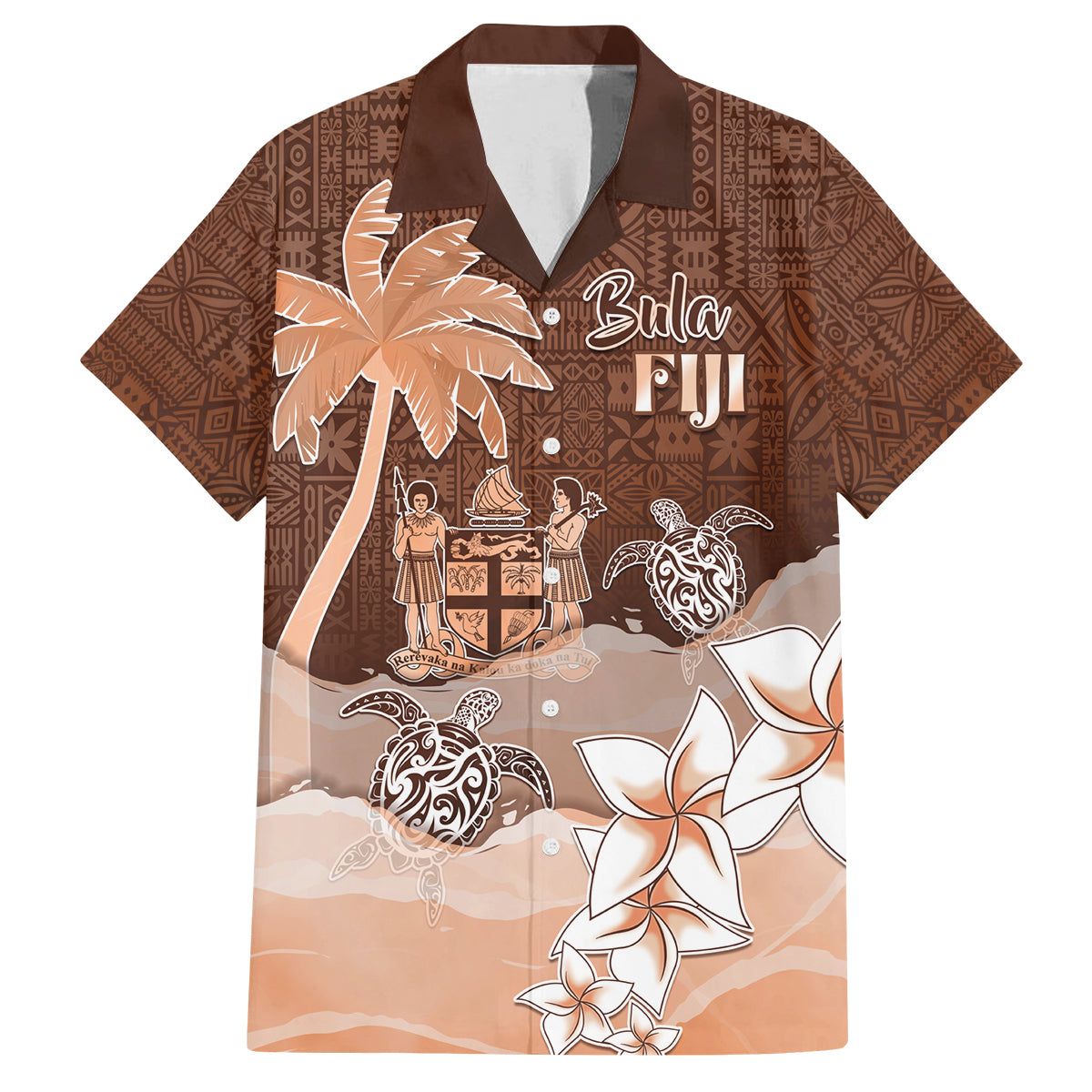 Personalised Bula Fiji Family Matching Off Shoulder Maxi Dress and Hawaiian Shirt Fijian Masi Pattern With Brown Coat Of Arms LT05 Dad's Shirt - Short Sleeve Brown - Polynesian Pride
