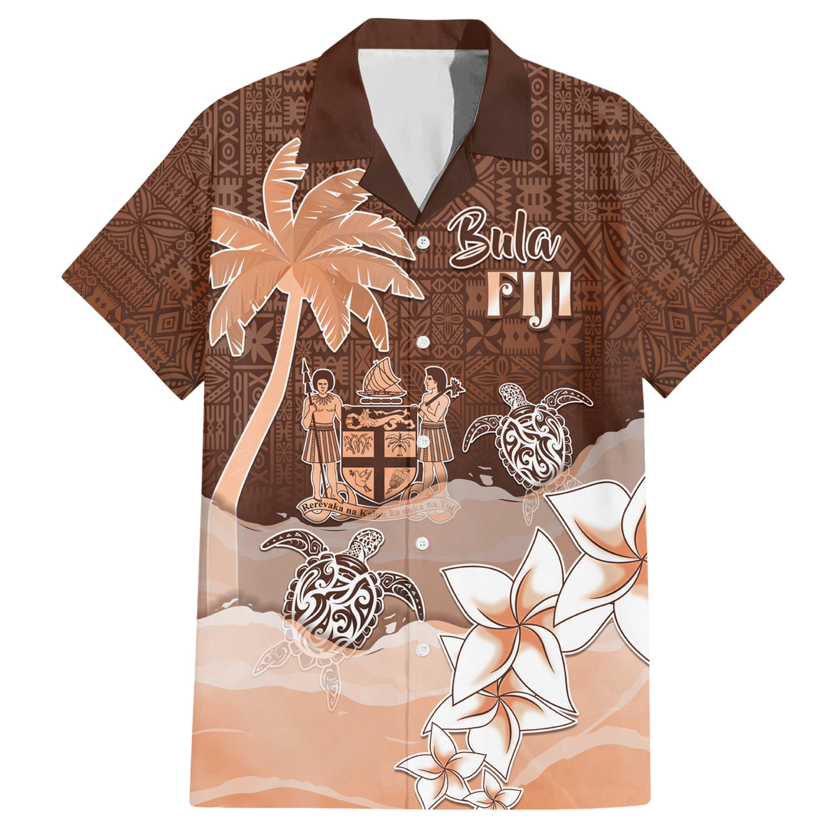 Personalised Bula Fiji Family Matching Short Sleeve Bodycon Dress and Hawaiian Shirt Fijian Masi Pattern With Brown Coat Of Arms LT05 Dad's Shirt - Short Sleeve Brown - Polynesian Pride
