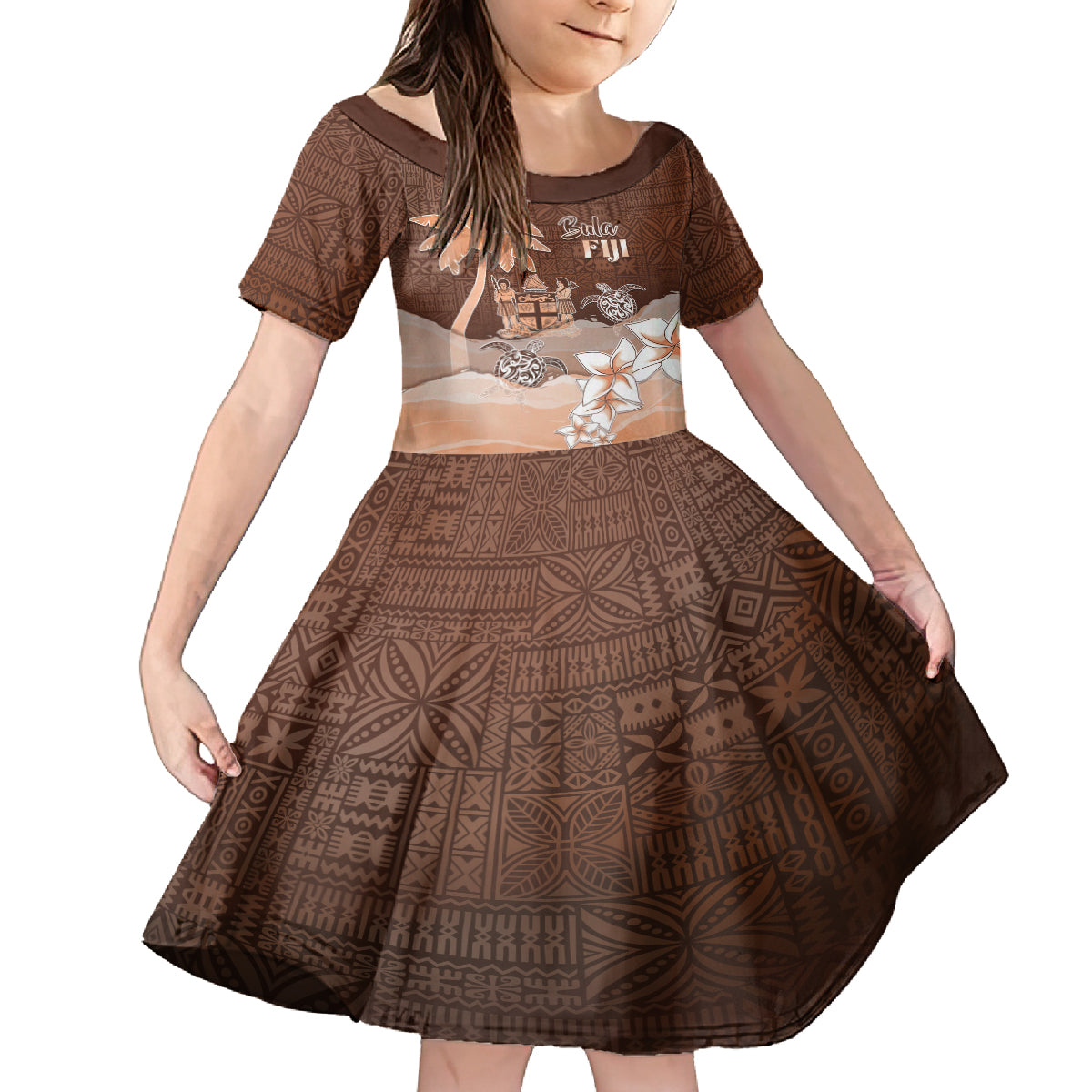 Personalised Bula Fiji Family Matching Tank Maxi Dress and Hawaiian Shirt Fijian Masi Pattern With Brown Coat Of Arms LT05 Daughter's Dress Brown - Polynesian Pride