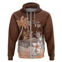 Personalised Bula Fiji Hoodie Fijian Masi Pattern With Brown Coat Of Arms LT05 Zip Hoodie Brown - Polynesian Pride
