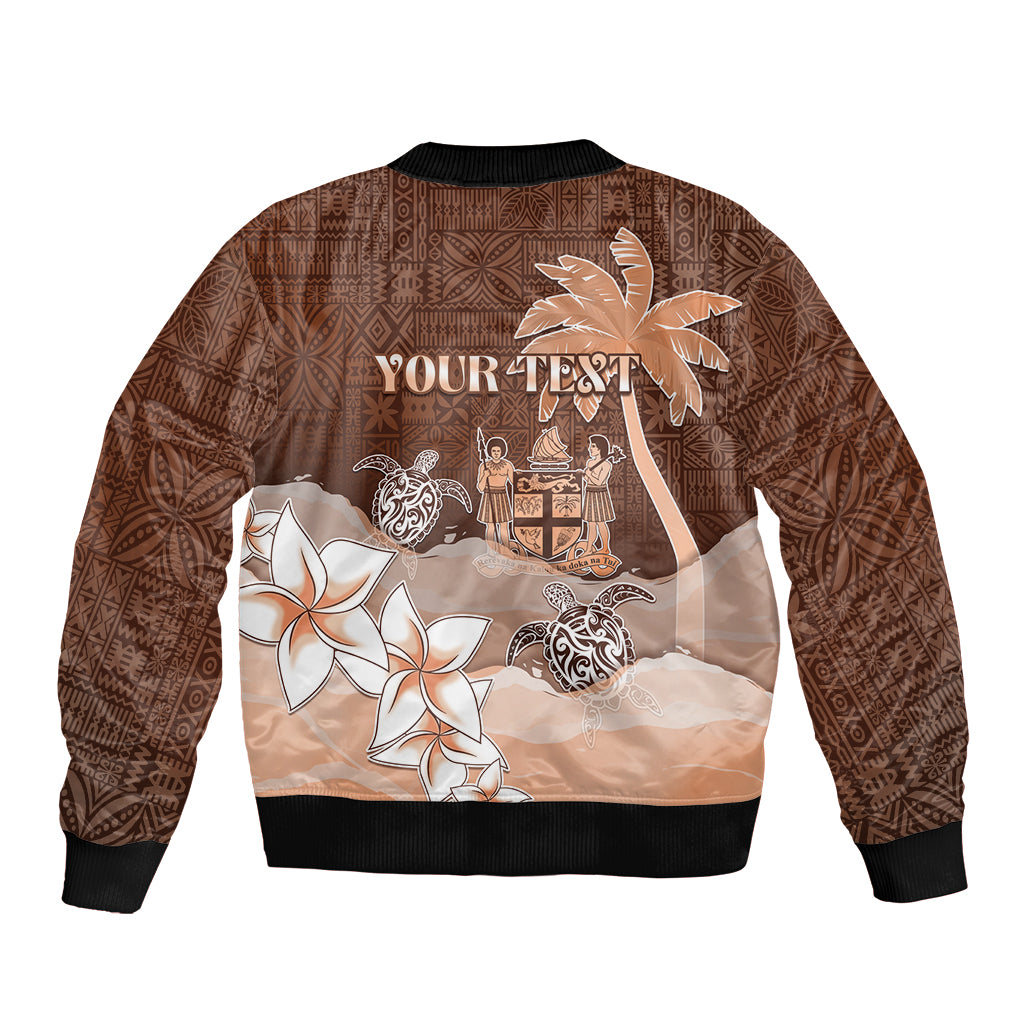 Personalised Bula Fiji Sleeve Zip Bomber Jacket Fijian Masi Pattern With Brown Coat Of Arms LT05 - Polynesian Pride