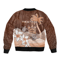 Personalised Bula Fiji Sleeve Zip Bomber Jacket Fijian Masi Pattern With Brown Coat Of Arms LT05 - Polynesian Pride