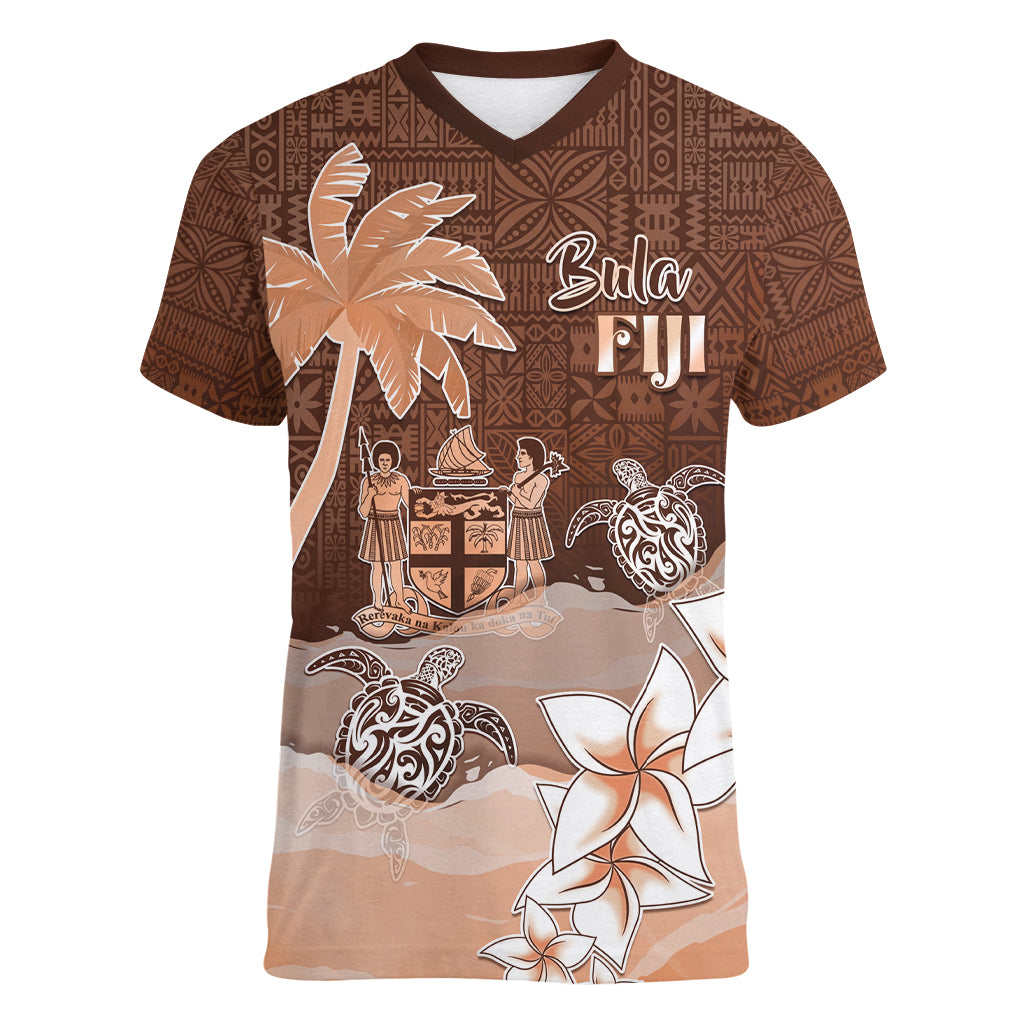 Personalised Bula Fiji Women V Neck T Shirt Fijian Masi Pattern With Brown Coat Of Arms LT05 Female Brown - Polynesian Pride