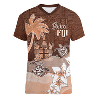 Personalised Bula Fiji Women V Neck T Shirt Fijian Masi Pattern With Brown Coat Of Arms LT05 Female Brown - Polynesian Pride