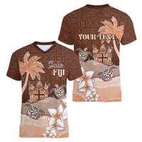 Personalised Bula Fiji Women V Neck T Shirt Fijian Masi Pattern With Brown Coat Of Arms LT05 - Polynesian Pride