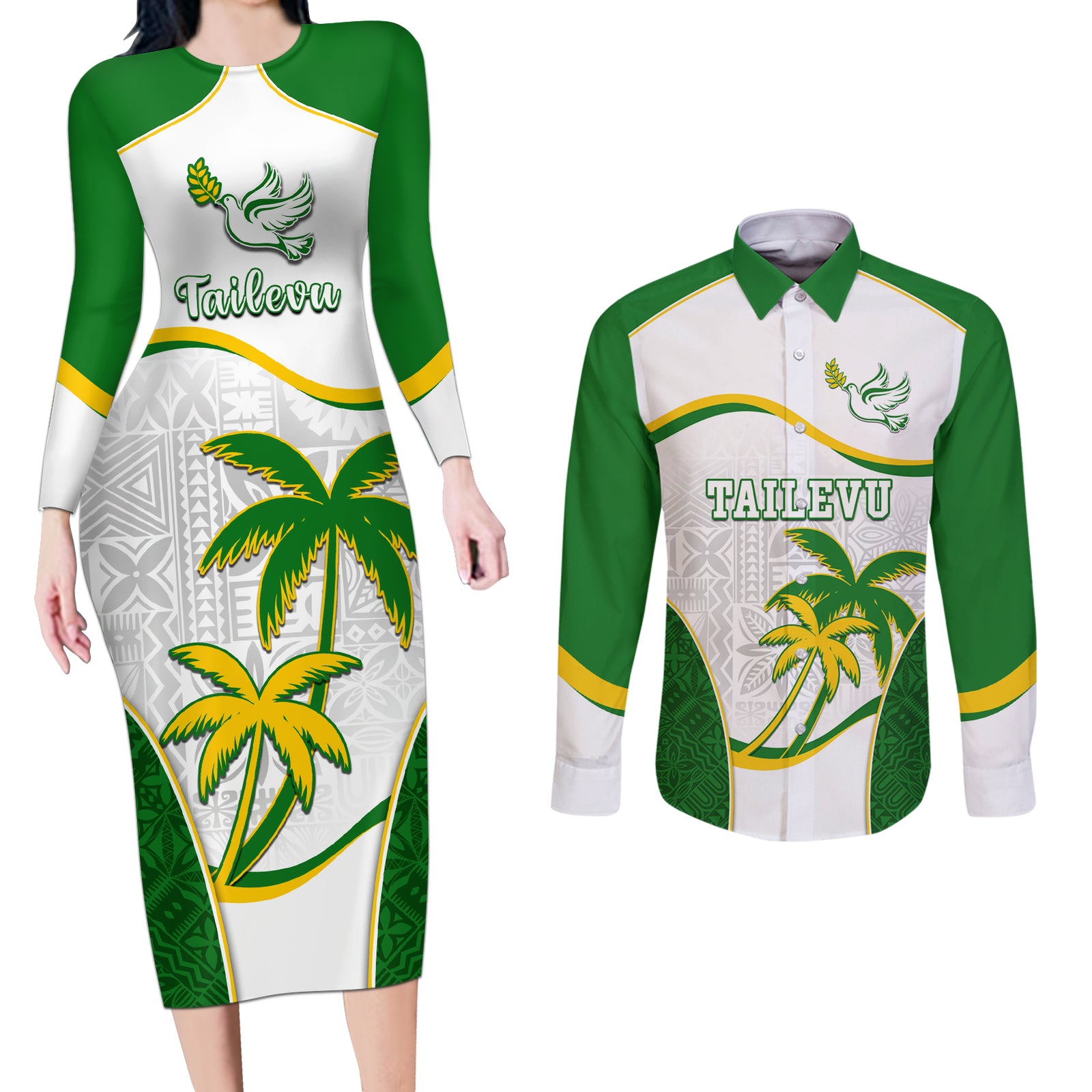 Custom Tailevu Rugby Couples Matching Long Sleeve Bodycon Dress and Long Sleeve Button Shirt Fiji Tapa Pattern LT05 Green - Polynesian Pride