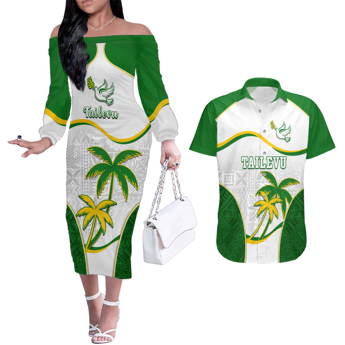 Custom Tailevu Rugby Couples Matching Off The Shoulder Long Sleeve Dress and Hawaiian Shirt Fiji Tapa Pattern LT05 Green - Polynesian Pride